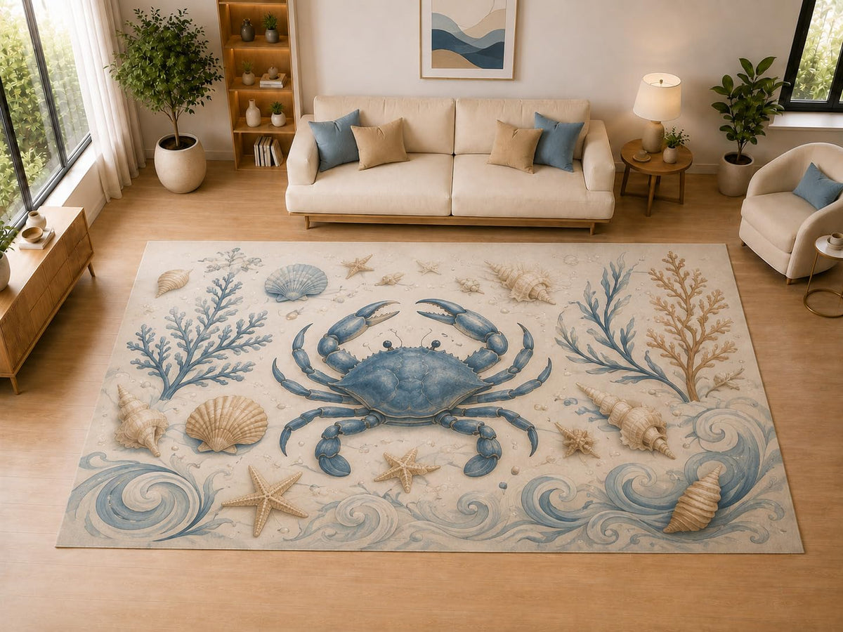 ICE ARMOR "Ultra Light Weight Large 6'7" x 9'10" Blue Crab, Living Room, Bedroom, Dining Room, Office, Family Room, Soft Low Pile Indoor Rug, Non-Slip Silicone Backing, Blue