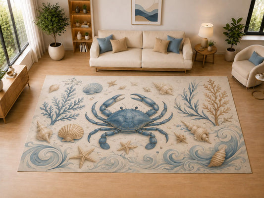 ICE ARMOR "Ultra Light Weight Large 6'7" x 9'10" Blue Crab, Living Room, Bedroom, Dining Room, Office, Family Room, Soft Low Pile Indoor Rug, Non-Slip Silicone Backing, Blue