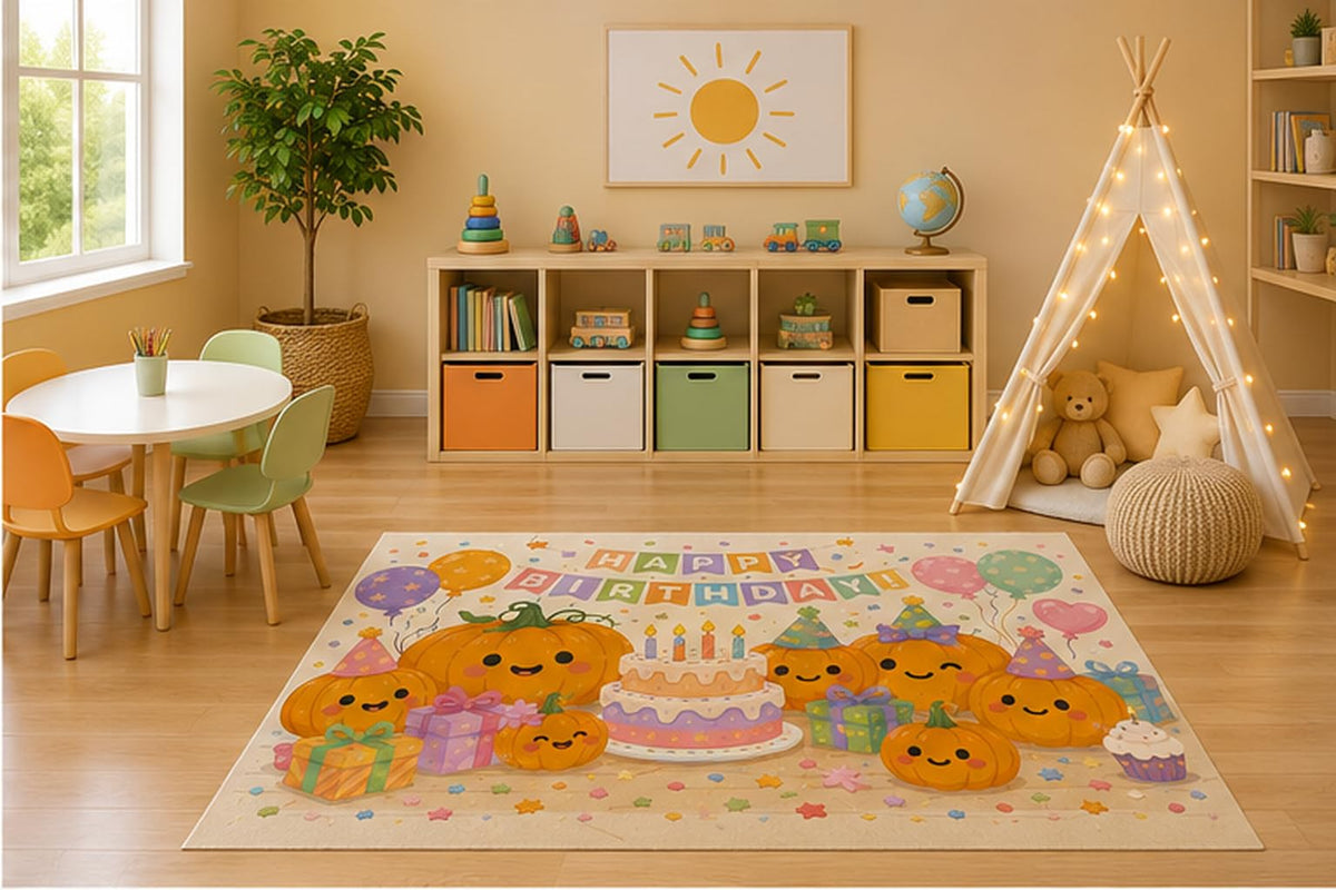 ICE ARMOR 5' x 7' Happy Birthday Pumpkin Party Kids Area Rug, Cute Autumn Cake Balloons Cartoon Playroom Nursery Bedroom Classroom Decor, Non-Slip Silicone Backing Low Pile