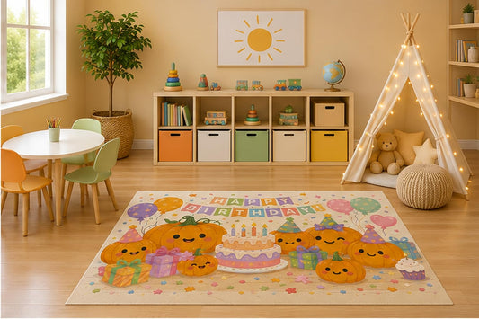 ICE ARMOR 5' x 7' Happy Birthday Pumpkin Party Kids Area Rug, Cute Autumn Cake Balloons Cartoon Playroom Nursery Bedroom Classroom Decor, Non-Slip Silicone Backing Low Pile