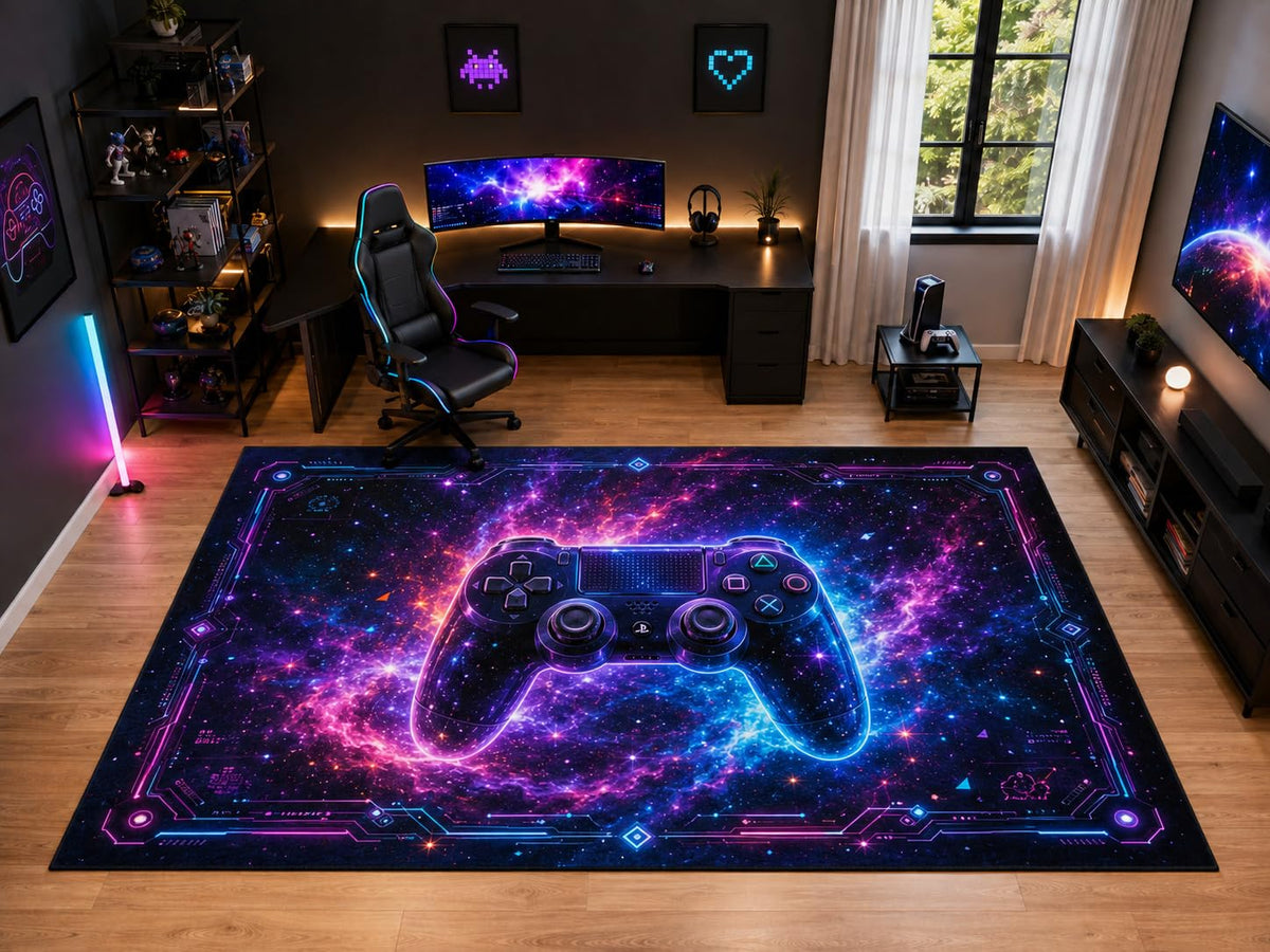 ICE ARMOR "Ultra Light Weight Large 6'7" x 9'10" Galaxy Gaming Controller Area Rug for Kids Room Bedroom, Soft Low Pile Indoor Rug and Non-Slip Silicone Backing, Purple