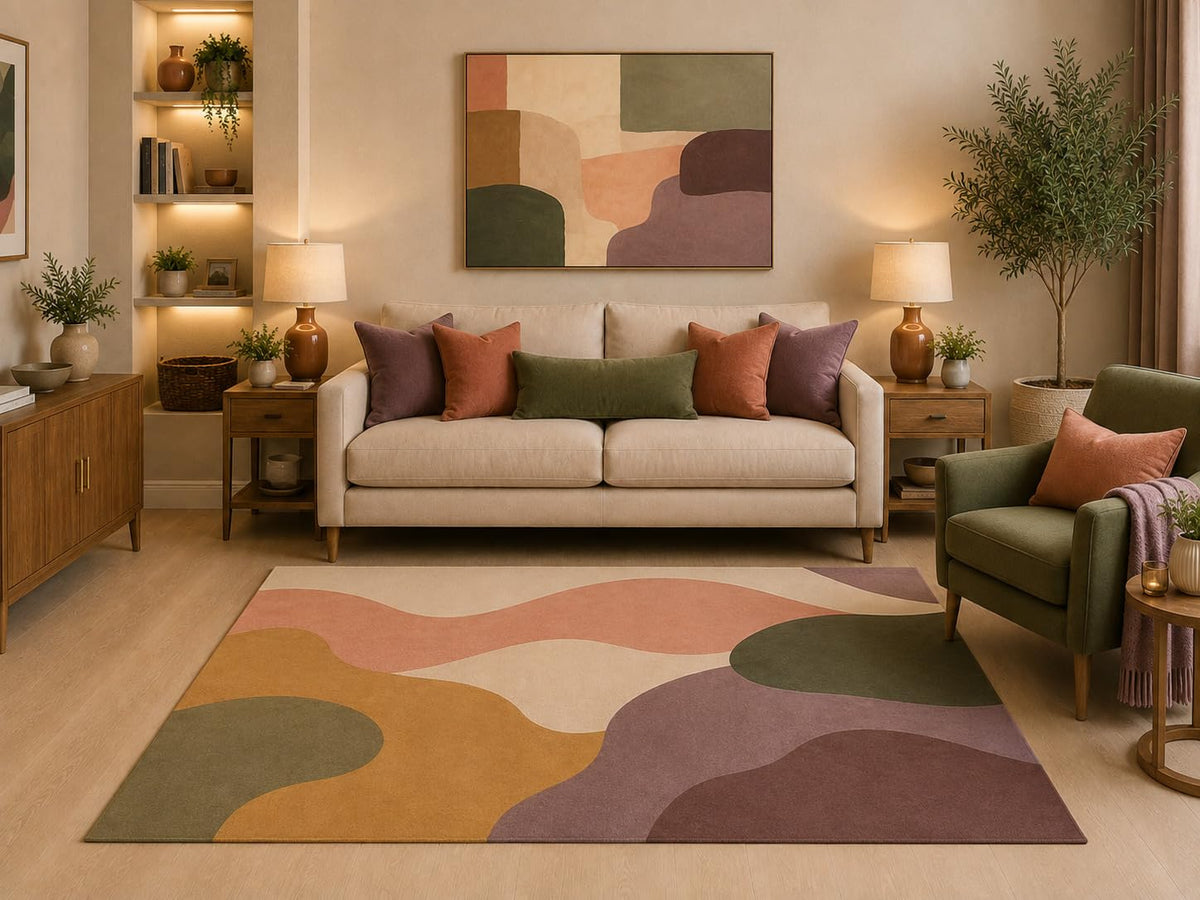 ICE ARMOR "Ultra Light Weight 5' x 7' Mid Century Modern Abstract Area Rug Terracotta Pink Olive Plum Organic Wave Pattern for Living Room Bedroom Dining Room Non-Slip Silicone Backing Low Pile