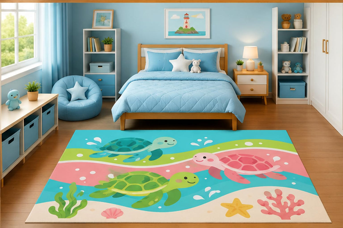 ICE ARMOR 5' x 7' Cute Sea Turtle Family Area Rug for Kids Bedroom Nursery Playroom Scandinavian Minimalist Ocean Animal Coastal Decor Non-Slip Silicone Backing Low Pile