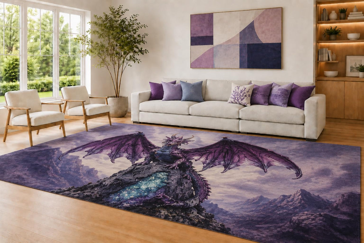 ICE ARMOR Large 6'7" x 9'10" Purple and Charcoal Mountain Dragon Area Rug for Living Room, Soft Low Pile Carpet with Non-Slip Silicone Backing, Decor for Bedroom and Home Office