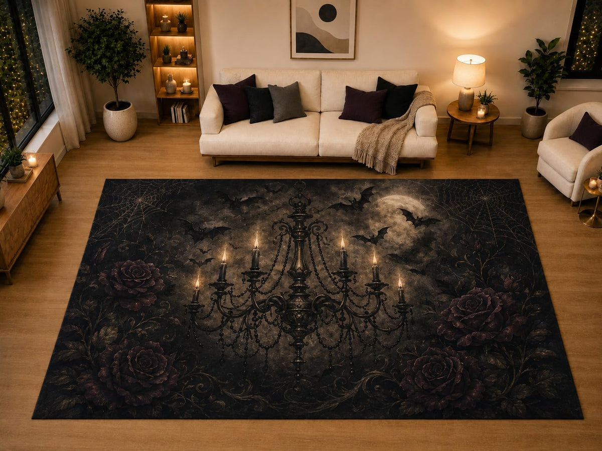 ICE ARMOR "Ultra Light Weight Large 6'7" x 9'10" Gothic Chandelier Black Rose Full Moon Area Rug for Living Room Bedroom, Soft Low Pile Non-Slip Backing, Black Burgundy Victorian Decor