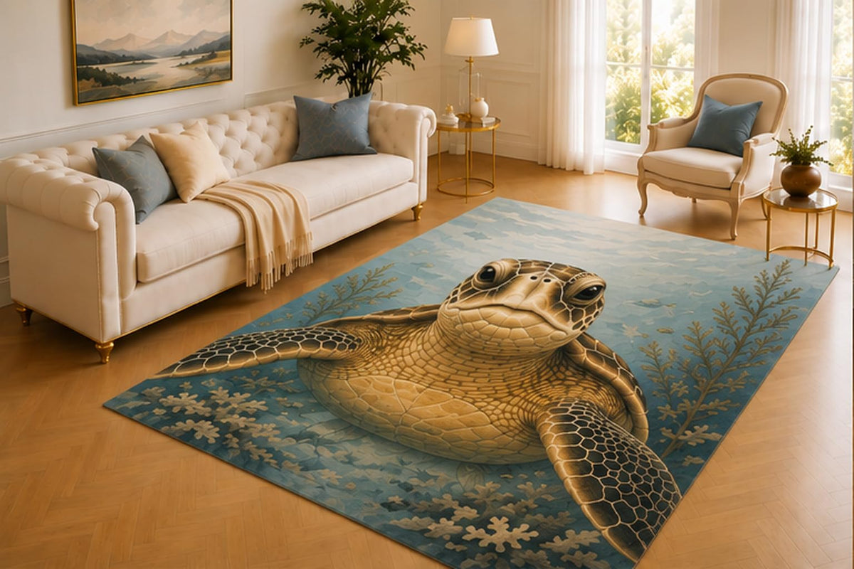 ICE ARMOR 5' x 7' Sea Turtle Rug, Graceful Ocean Wildlife in Coral Reef Art, Smooth Printed Floor Cover for Living Room, Bedroom, Nursery and Coastal Decor