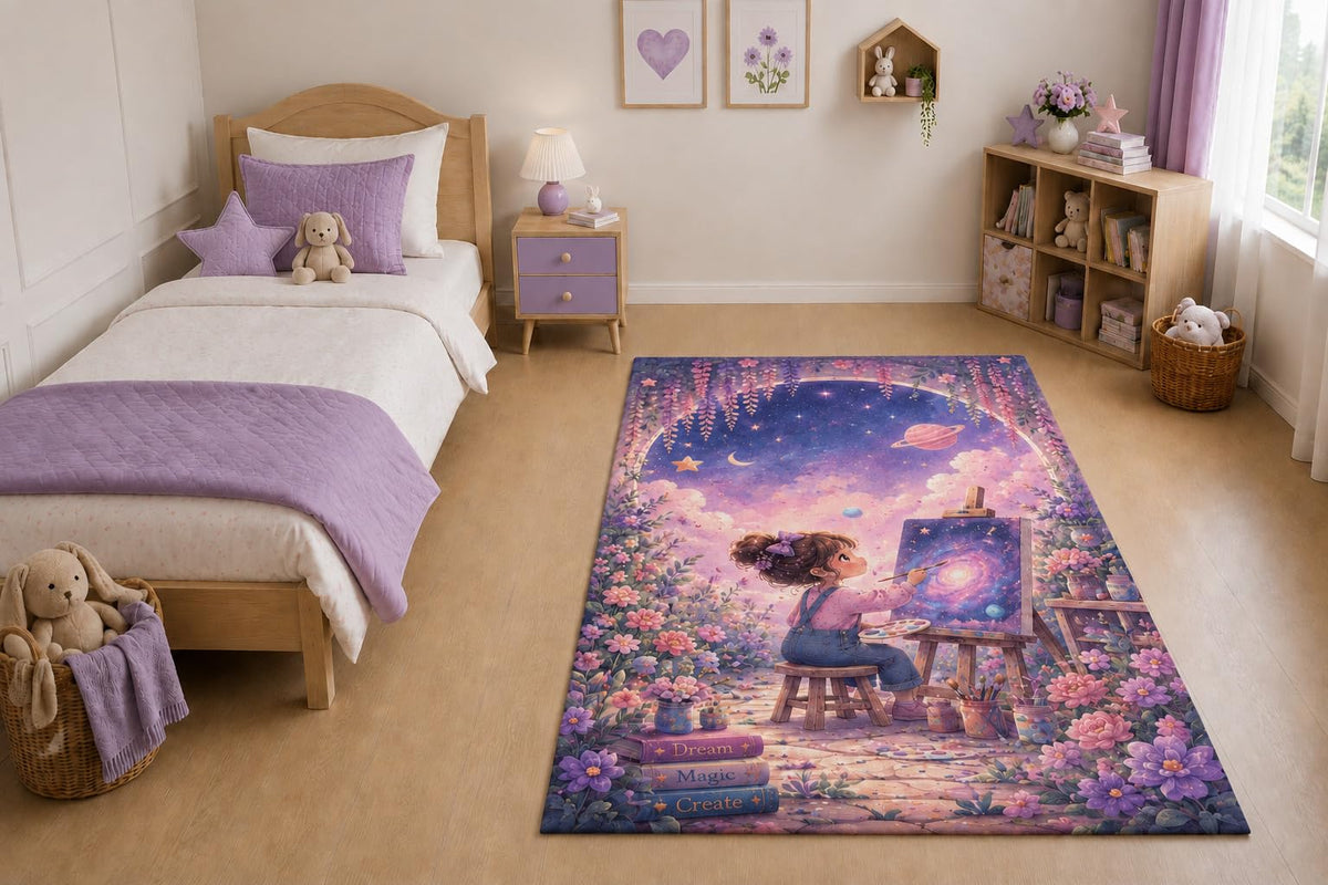 ICE ARMOR "Ultra Light Weight 5' x 7' Dream Magic Painter Area Rug for Living Room, Bedroom and Home Office, Soft Low Pile Carpet with Non-Slip Silicone Backing, Purple and Pink