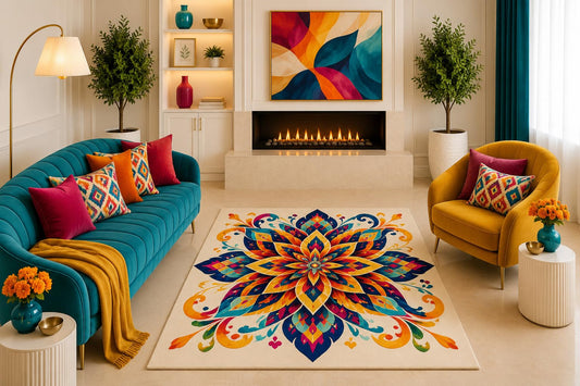 ICE ARMOR "Ultra Light Weight 5' x 7' Colorful Mandala Floral Area Rug Boho Geometric Lotus Flower Decor for Living Room Bedroom Dining Room Non-Slip Silicone Backing Low Pile