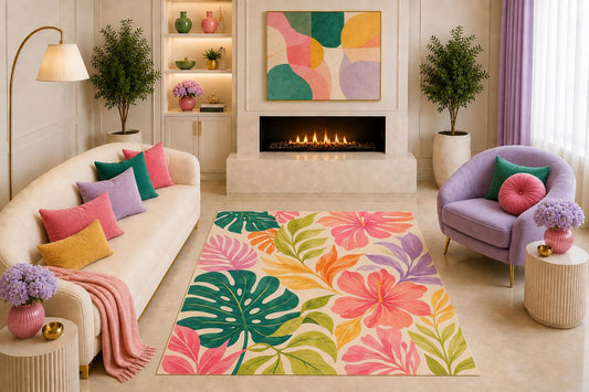 ICE ARMOR "Ultra Light Weight 5' x 7' Tropical Hibiscus Floral Area Rug Colorful Monstera Leaf Botanical Decor for Living Room Bedroom Sunroom Non-Slip Silicone Backing Low Pile