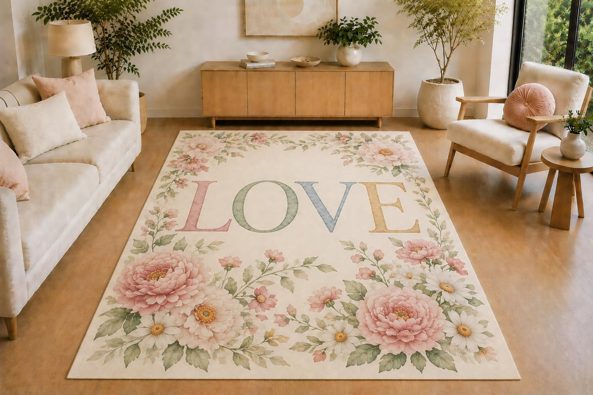 ICE ARMOR 5' x 7' Romantic Peony Floral Love Area Rug, Soft Low Pile Indoor Rug with Non-Slip Silicone Backing for Living Room, Bedroom, Dining Room, Family Room, Cream Pink Sage