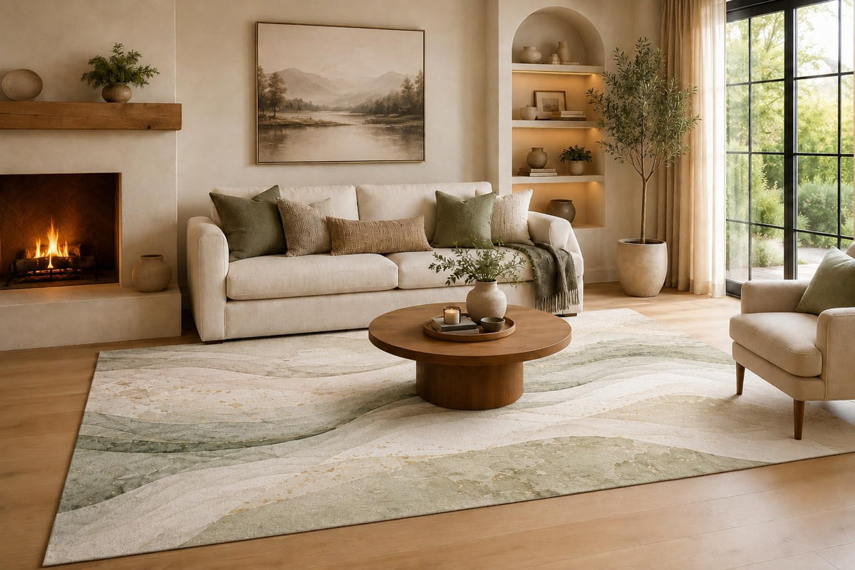 ICE Armor Large 6'7" x 9'10" Sage Green and Ivory Interwoven Water Flow Area Rug for Living Room, Soft Low Pile Carpet with Non-Slip Silicone Backing, Decor for Bedroom, Dining Area and Home Office