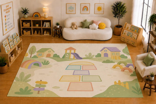 ICE ARMOR Large 6'7" x 9'10" Hopscotch Playground Area Rug for for Kids Room, Classroom, Bedroom, Playroom Decor, Soft Low Pile Indoor Rug with Non-Slip Silicone Backing, Cream Pastel Multicolor