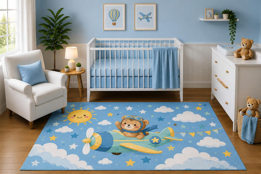 ICE ARMOR 5' x 7' Teddy Bear Airplane Area Rug for Nursery Room, Cute Vintage Aircraft Clouds and Stars Adventure Design for Baby Boy Bedroom Decor, Non-Slip Silicone Backing Low Pile