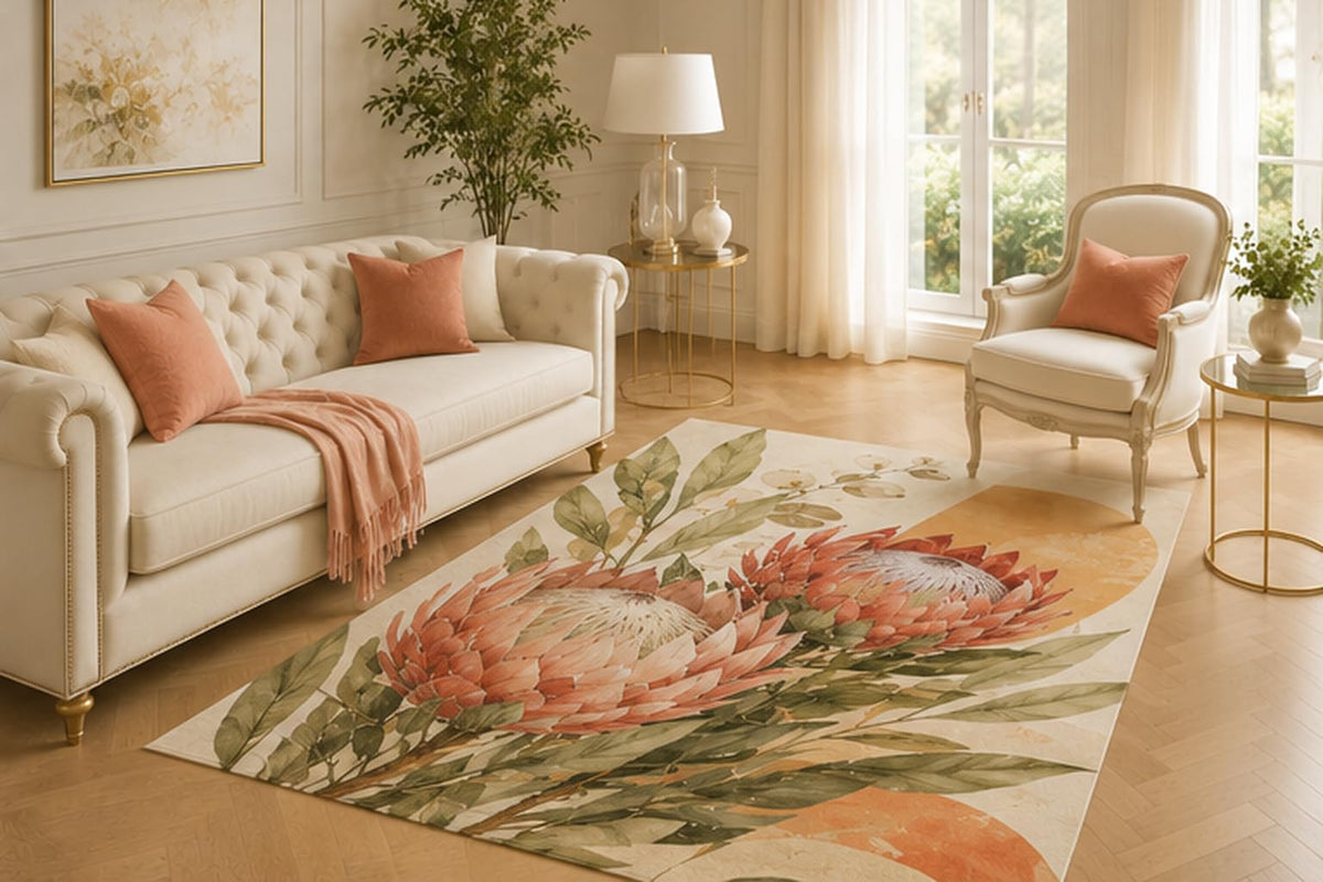ICE ARMOR 5' x 7' Protea Botanical Area Rug for Living Room, Soft Low Pile Indoor Carpet with Non-Slip Backing for Bedroom, Dining Room, Office, Coral