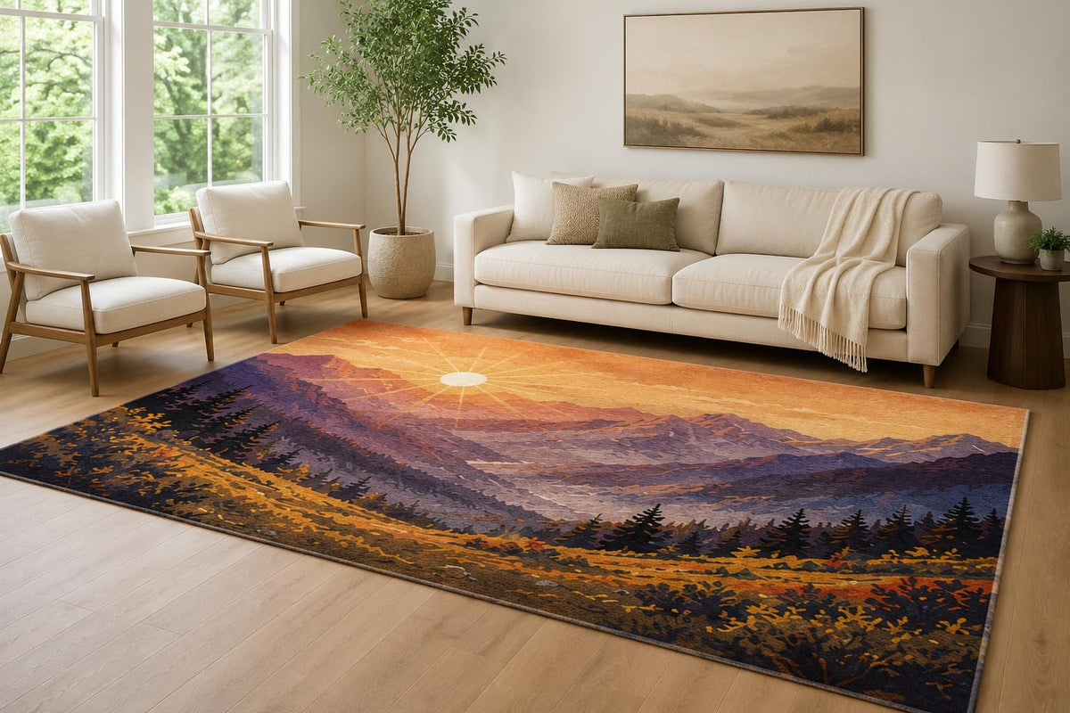 ICE ARMOR Large 6'7" x 9'10" Orange and Purple Sunset Peaks Area Rug for Living Room, Soft Low Pile Carpet with Non-Slip Silicone Backing, Decor for Bedroom and Home Office