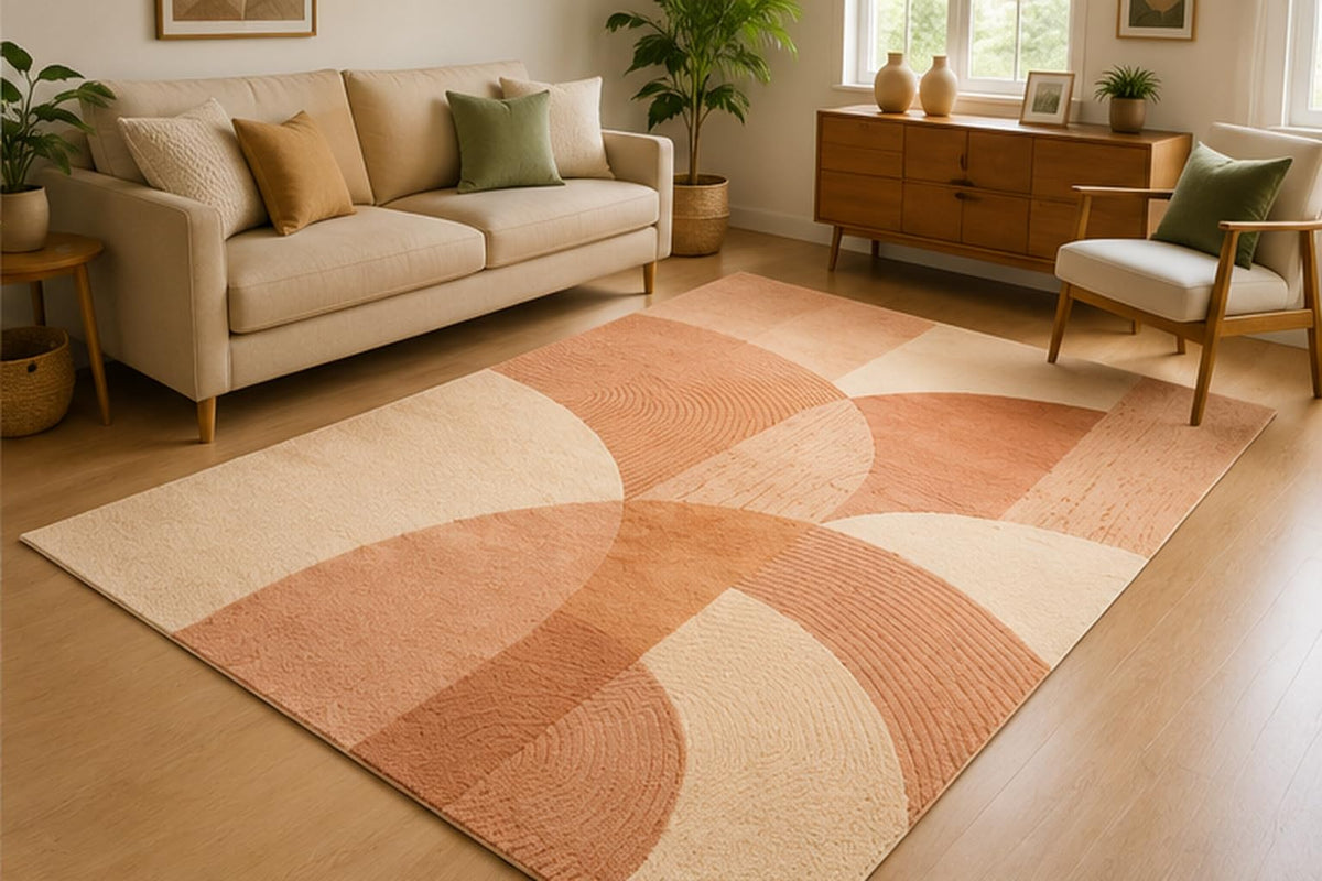 ICE ARMOR 5' x 7' Blush Geometric Block Area Rug for Living Room, Soft Low Pile Indoor Rug with Non-Slip Silicone Backing, Modern Abstract Carpet for Bedroom, Dining Room, Office, Blush Beige
