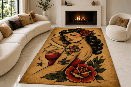 ICE ARMOR "Ultra Lightweight Large 6'7" x 9'10" Retro Pinup Tattoo Area Rug for Living Room, Bedroom and Home Office, Soft Low Pile Carpet with Non-Slip Silicone Backing, Red and Tan
