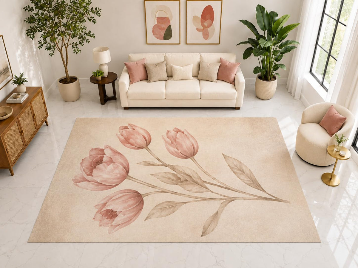 ICE ARMOR "Ultra Light Weight Large 6'7" x 9'10" Pink Tulip Floral Rug, Soft Low Pile Indoor Rug, Non-Slip Silicone Backing for Bedroom Beige Pink