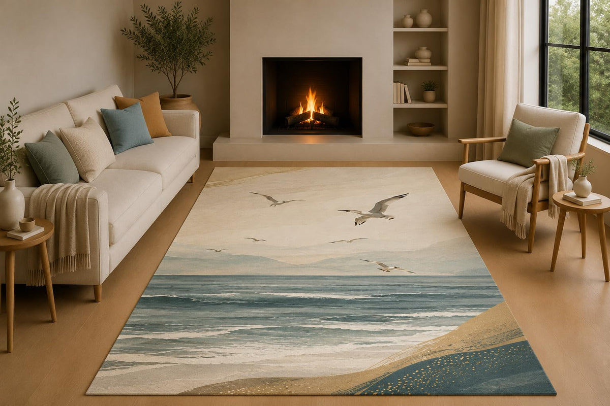 ICE ARMOR 5' x 7' Coastal Beach Area Rug with Non-Slip Silicone Backing Low Pile Soft Carpet for Living Room Bedroom Ocean Waves Seagulls Seascape Decor