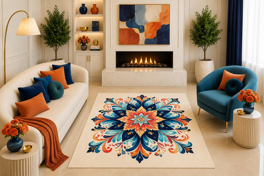ICE ARMOR "Ultra Light Weight 5' x 7' Navy Blue Orange Boho Floral Mandala Area Rug Colorful Medallion Living Room Bedroom Home Decor Non-Slip Silicone Backing Low Pile