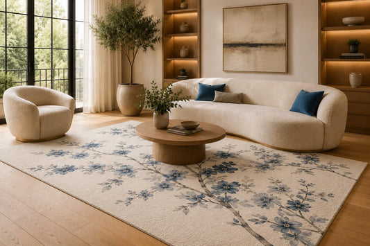 ICE ARMOR 6'7" x 9'10" Blue and Beige Floral Blossom Branch Area Rug for Living Room, Soft Low Pile Carpet with Non-Slip Silicone Backing, Floor Decor for Bedroom, Dining Area and Home Office