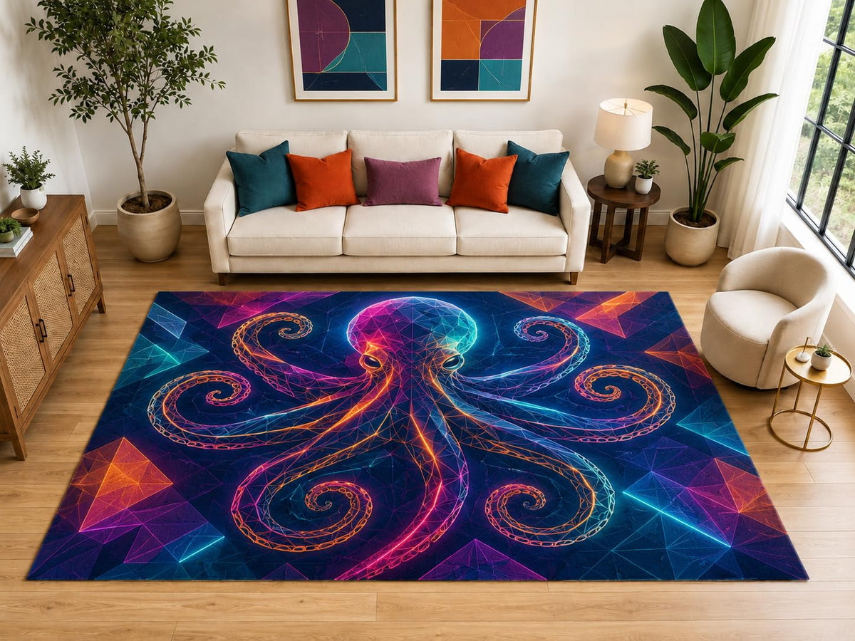 ICE ARMOR "Ultra Light Weight Large 6'7" x 9'10" Neon Geometric Octopus Rug, Soft Low Pile Indoor Rug, Non-Slip Silicone Backing for Living Room Blue