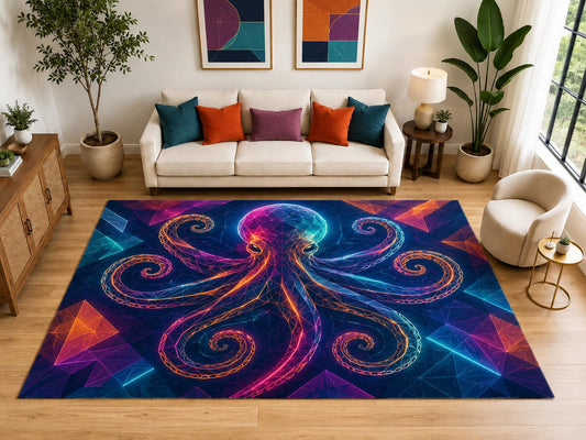 ICE ARMOR "Ultra Light Weight Large 6'7" x 9'10" Neon Geometric Octopus Rug, Soft Low Pile Indoor Rug, Non-Slip Silicone Backing for Living Room Blue