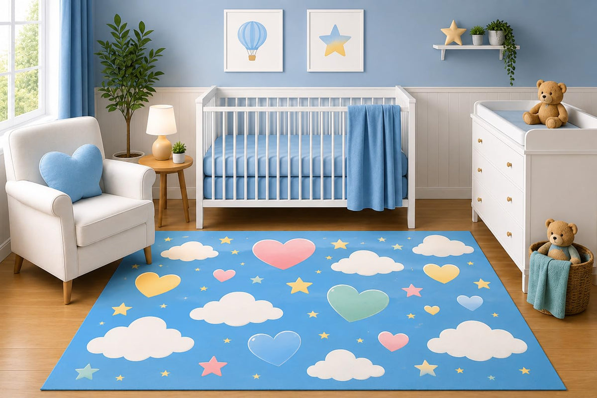 ICE ARMOR 5' x 7' Princess Tiara Area Rug for Nursery Room, Elegant Pastel Crown Hearts and Clouds Design for Baby Girl Bedroom Decor, Non-Slip Silicone Backing Low Pile