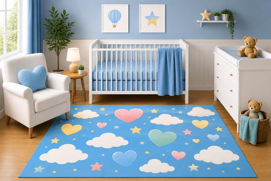 ICE ARMOR 5' x 7' Princess Tiara Area Rug for Nursery Room, Elegant Pastel Crown Hearts and Clouds Design for Baby Girl Bedroom Decor, Non-Slip Silicone Backing Low Pile