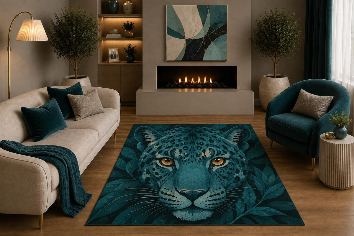 ICE ARMOR "Ultra Light Weight 5' x 7' Teal Leopard Area Rug Botanical Wildlife Big Cat Art for Living Room Bedroom Office Decor Non-Slip Silicone Backing Low Pile