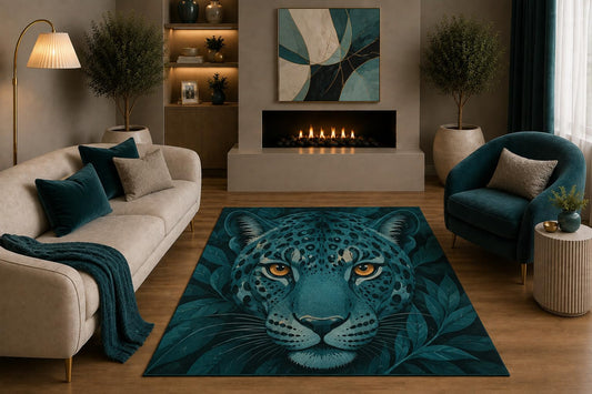 ICE ARMOR "Ultra Light Weight 5' x 7' Teal Leopard Area Rug Botanical Wildlife Big Cat Art for Living Room Bedroom Office Decor Non-Slip Silicone Backing Low Pile