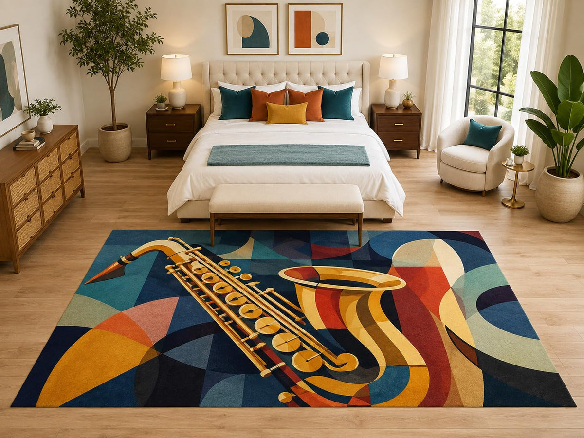 ICE ARMOR "Ultra Light Weight Large 6'7" x 9'10" Abstract Saxophone Music Rug, Soft Low Pile Indoor Rug, Non-Slip Silicone Backing for Bedroom Blue