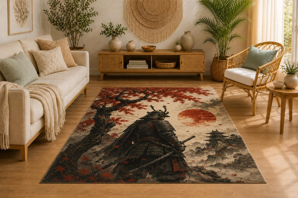 ICE ARMOR 5' x 7' Samurai Warrior Area Rug, Soft Low Pile Indoor Rug with Non-Slip Silicone Backing, Decorative Carpet for Living Room, Bedroom, Dining Room, Office, Japanese Art Decor