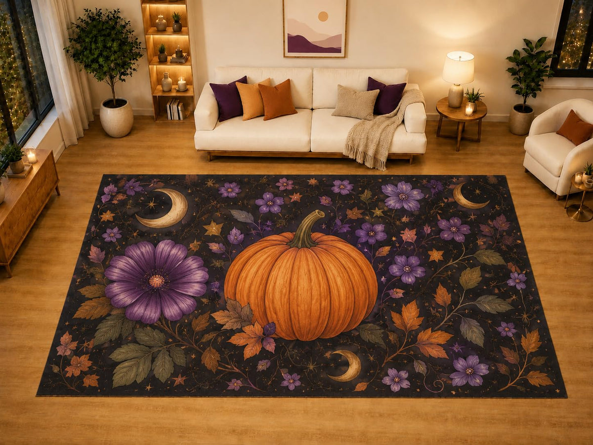 ICE ARMOR "Ultra Light Weight Large 6'7" x 9'10" Pumpkin Moon Floral Area Rug for Living Room Bedroom, Soft Low Pile Non-Slip Backing, Black Orange Purple Halloween Decor