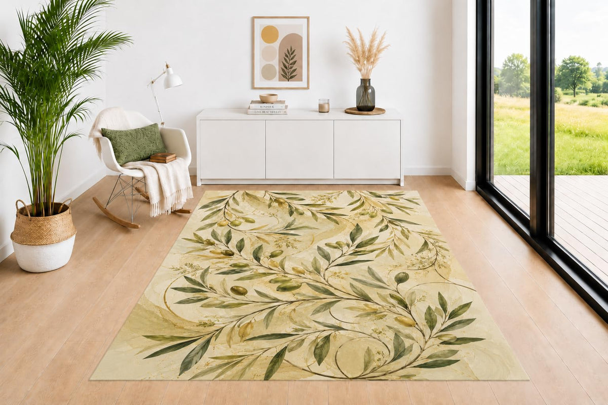 ICE ARMOR 5' x 7' Olive Branch Botanical Area Rug for Living Room, Soft Low Pile Indoor Rug with Non-Slip Backing, Nature Carpet for Bedroom, Dining Room, Office, Olive Green