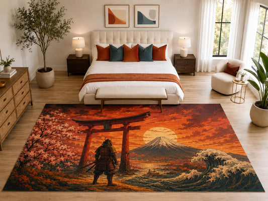 ICE ARMOR "Ultra Light Weight Large 6'7" x 9'10" Samurai Sunset Fuji Rug, Soft Low Pile Indoor Rug, Non-Slip Silicone Backing for Bedroom Orange