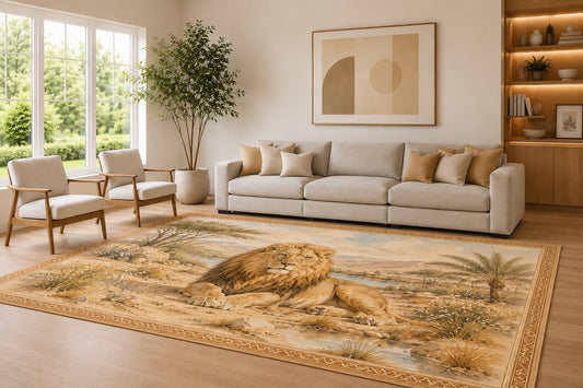 ICE ARMOR Large 6'7" x 9'10" Beige and Brown Desert Lion Area Rug for Living Room, Soft Low Pile Carpet with Non-Slip Silicone Backing, Decor for Bedroom Dining Room and Home Office
