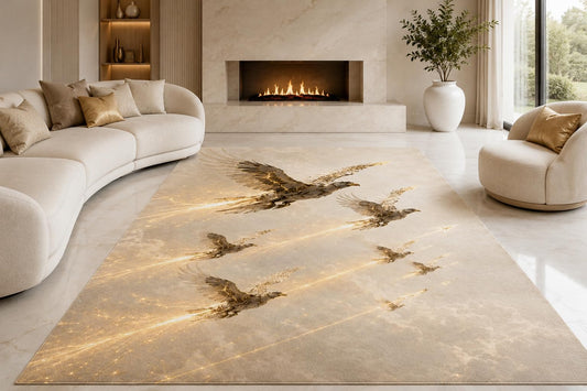 ICE ARMOR "Ultra Lightweight Large 6'7" x 9'10" Soaring Eagle Flock Area Rug for Living Room, Bedroom and Home Office, Soft Low Pile Carpet with Non-Slip Silicone Backing, Beige and Brown