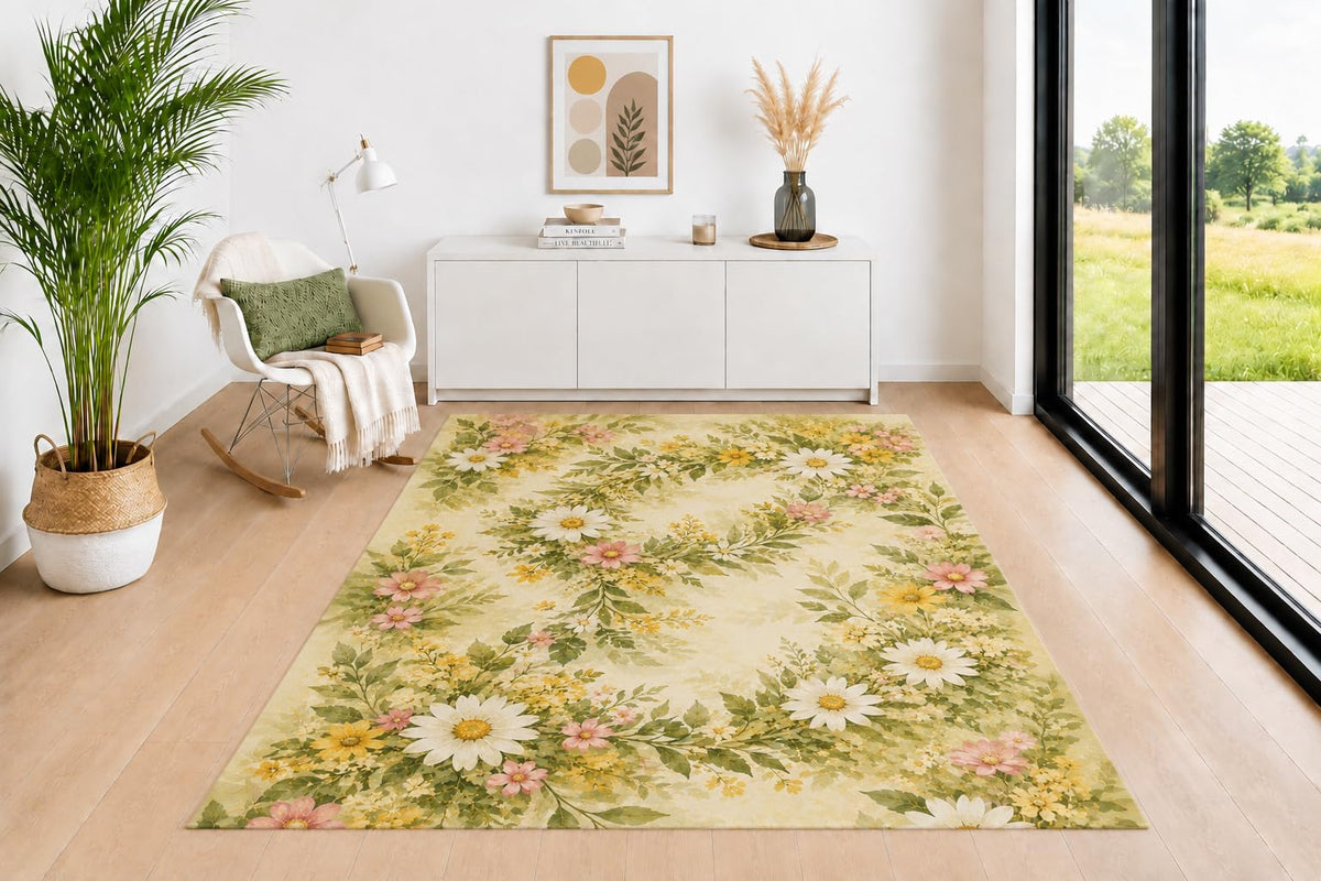 ICE ARMOR 5' x 7' Daisy Wildflower Area Rug for Living Room, Soft Low Pile Indoor Rug with Non-Slip Backing, Botanical Carpet for Bedroom, Dining Room, Office, White Pink