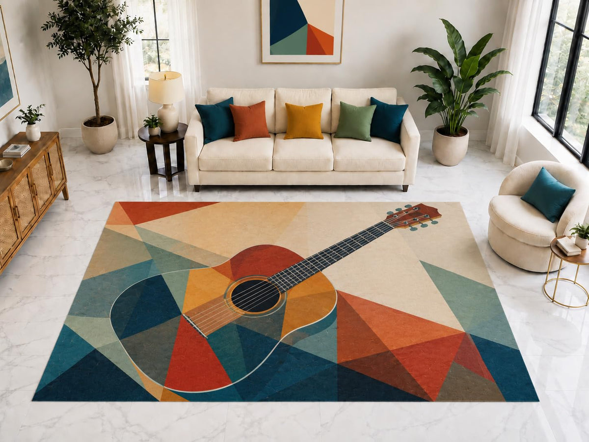 ICE ARMOR "Ultra Light Weight Large 6'7" x 9'10" Acoustic Guitar Art Rug, Soft Low Pile Indoor Rug, Non-Slip Silicone Backing for Living Room Teal