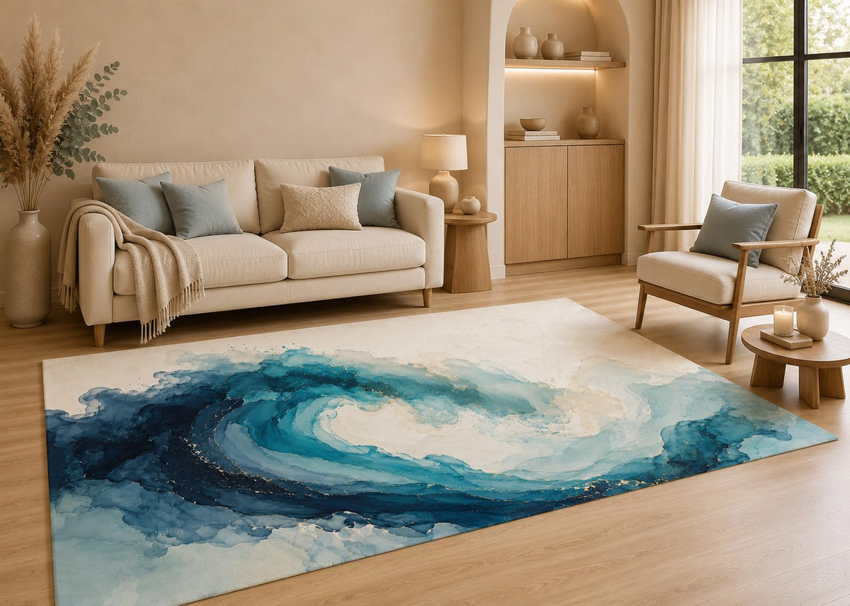 ICE ARMOR 5' x 7' Abstract Ocean Wave Area Rug with Non-Slip Silicone Backing Low Pile Soft Carpet for Living Room Bedroom Office Blue Coastal Seascape Decor