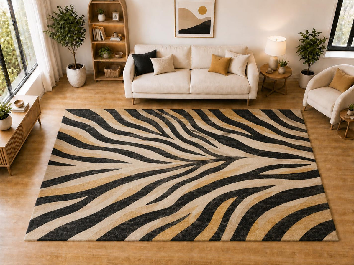 ICE ARMOR "Ultra Light Weight Large 6'7 x 9'10 Black Zebra Stripe Pattern Area Rug for Living Room Bedroom Dining Room Soft Low Pile Indoor Carpet Animal Inspired Floor Decor
