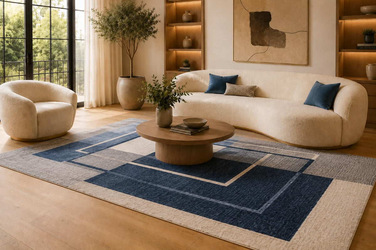ICE ARMOR 6'7" x 9'10" Blue and Cream Layered Rectangle Design Area Rug for Living Room, Soft Low Pile Carpet with Non-Slip Silicone Backing, Floor Decor for Bedroom, Dining Area and Home Office