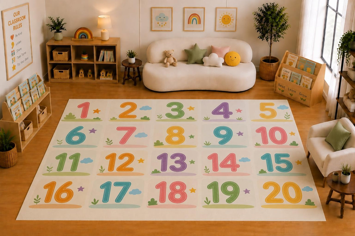 ICE ARMOR Large 6'7" x 9'10" Numbers 1 to 20 Learning Area Rug for for Kids Room, Classroom, Bedroom, Playroom Decor, Soft Low Pile Indoor Rug with Non-Slip Silicone Backing, Pastel Cream