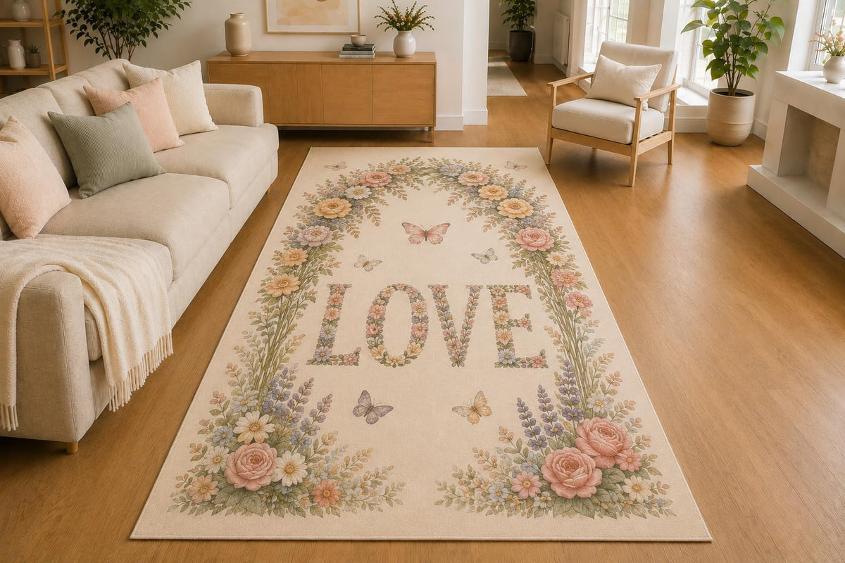 ICE ARMOR 5' x 7' Floral Arch Love Garden Area Rug, Soft Low Pile Indoor Rug with Non-Slip Silicone Backing for Living Room, Bedroom, Nursery, Family Room, Cream Pink Lavender
