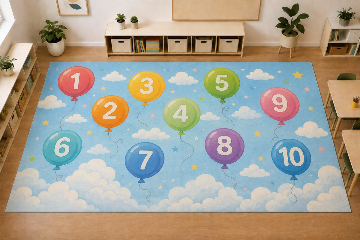 ICE ARMOR Large 6'7" x 9'10" Number Balloons Kids Area Rug, Soft Low Pile Indoor Rug with Non-Slip Silicone Backing for Nursery, Kids Room, Sky Blue