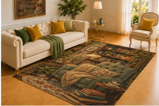 ICE ARMOR 5' x 7' Cozy Library Rug, Bookshelves, Reading Chair, Warm Lamp and Cottage Details, Inviting Floor Decor for Bedroom, Study or Reading Nook