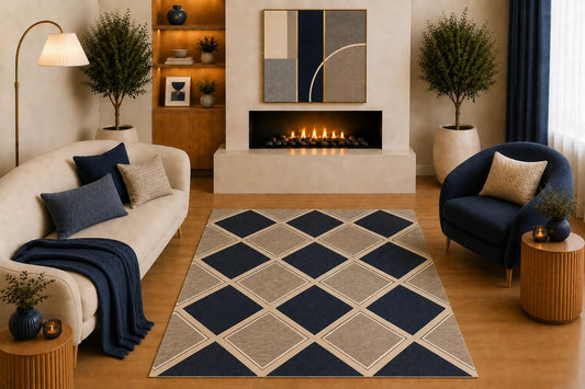 ICE ARMOR "Ultra Light Weight 5' x 7' Modern Geometric Diamond Area Rug Navy Beige Taupe Contemporary Pattern for Living Room Bedroom Dining Room Non-Slip Silicone Backing Low Pile