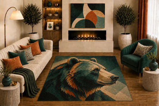 ICE ARMOR "Ultra Light Weight 5' x 7' Brown Bear Area Rug Modern Wildlife Portrait Art in Teal Rust Tan for Living Room Bedroom Cabin Lodge Decor Non-Slip Silicone Backing Low Pile