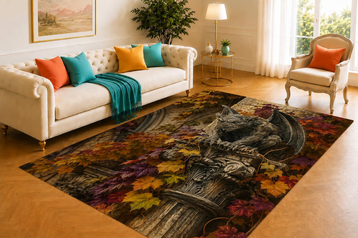 ICE ARMOR 5' x 7' Gargoyle Column Rug, Ivy Moon and Winged Statue Artwork, Smooth Printed Floor Cover for Library, Lounge, Office and Gothic Home Decor